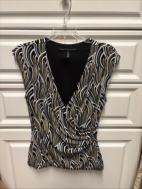 White House black market - Black White and Yellow Abstract Wrap-Front Blouse